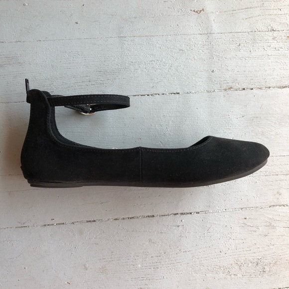 Black Suede Ballet Flats with Ankle Strap - Picture 1 of 5